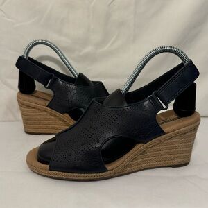 Clarks Lafley Rosen Wedge Leather Women's 8 M Sandals Espadrille Navy Blue‎